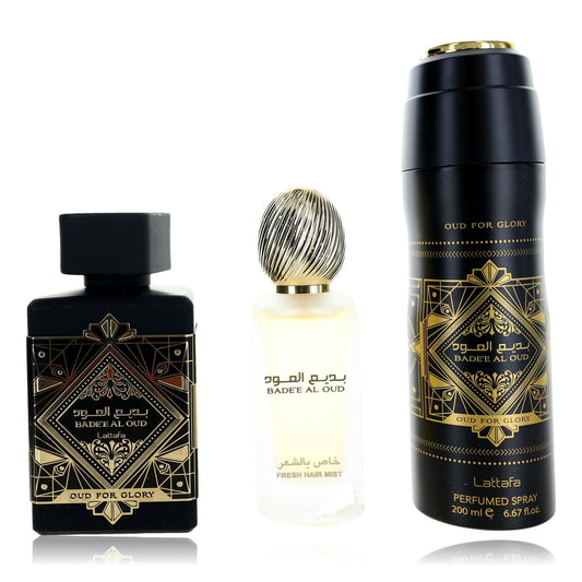 Bade'e Al Oud Oud for Glory by Lattafa, 3 Piece Gift Set for Unisex